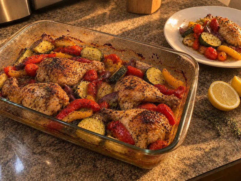 Pollo con verduras recién salido del horno