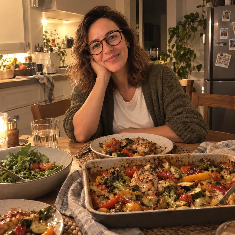 Lucía sonriendo en la mesa de su cocina con la cena recién hecha